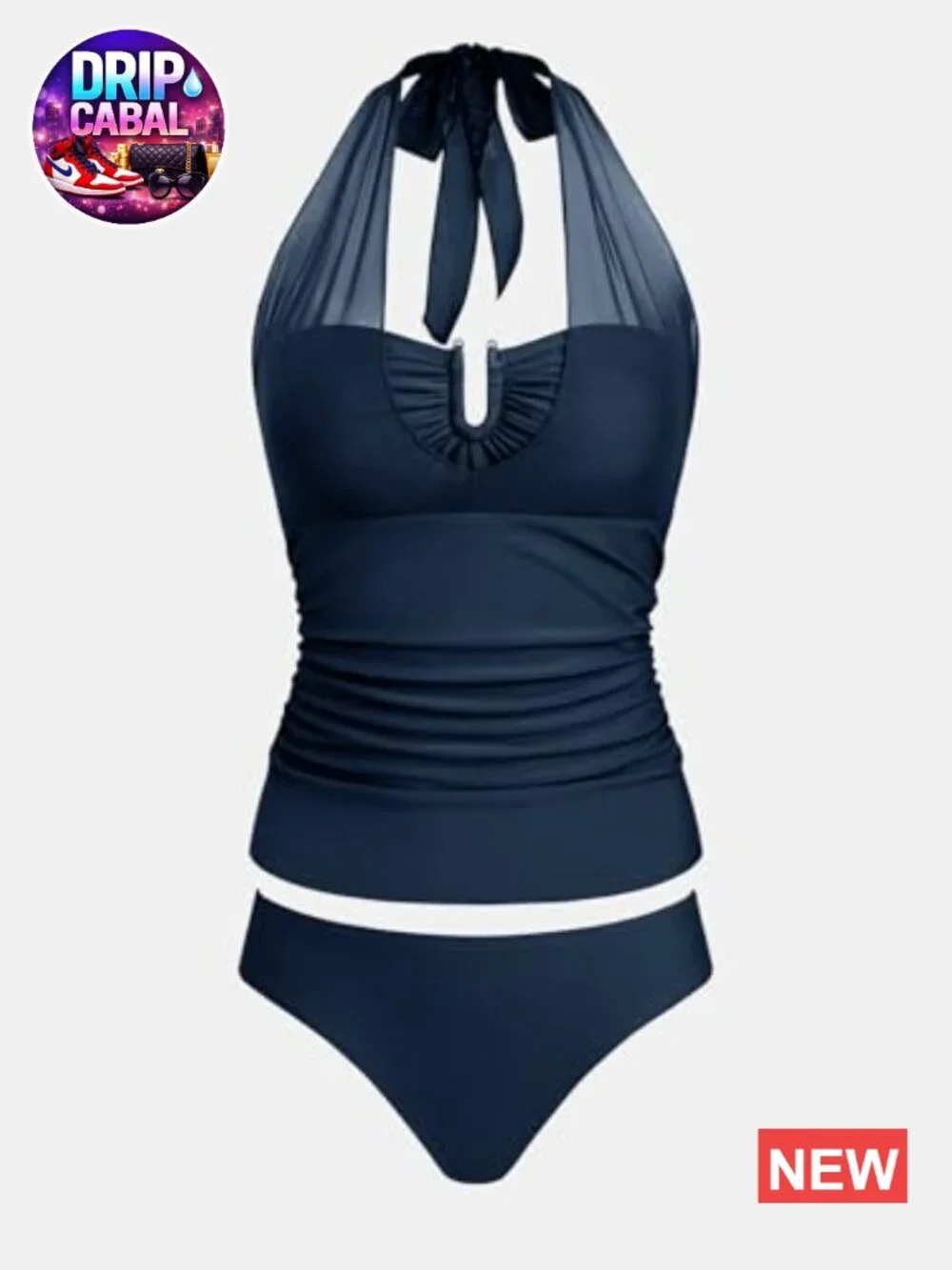 Halter U Wire Mesh Two Piece Tankini Set with Removable Soft Cups